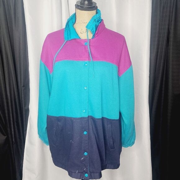 Vintage 90s Color Block Reversible Sweatshirt Windbreaker Jacket - Picture 13 of 13